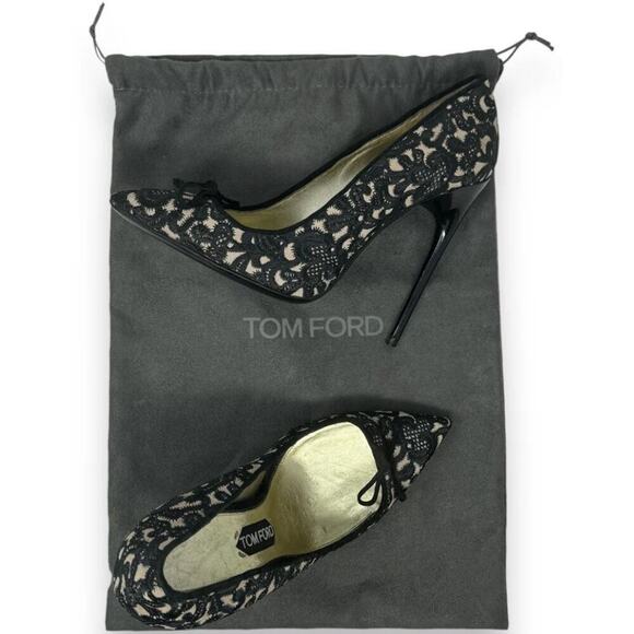 Tom Ford Stiletto Lace Heel Pumps 38.5 Embroidered Nude Bow High Heel Point Toe - Picture 3 of 9